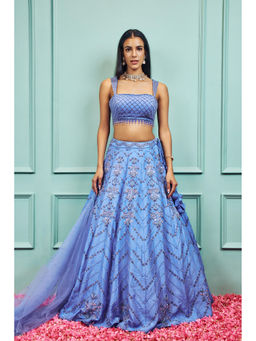 SAMMOHI BY MOKSHA & HIRAL - Blue Embroidered Lehenga with Stitched Blouse and Dupatta (Set of 3)