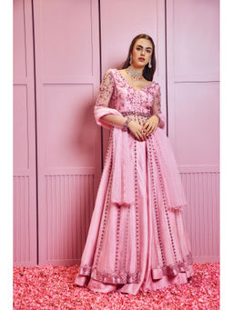 SAMMOHI BY MOKSHA & HIRAL - Pink Embroidered Jacket With Lehenga And Dupatta (Set of 3)