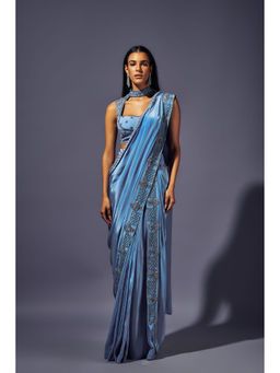 SAMMOHI BY MOKSHA & HIRAL - Blue Hand Embroidered Pre Draped Saree with Stitched Blouse