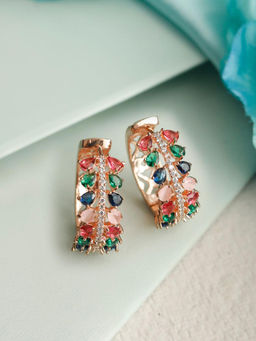 Priyaasi - Multi Color American Diamond Rose Gold Plated Leaf Hoop Earrings