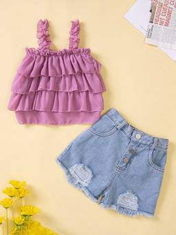 Hopscotch - Girls Dark Pink Ruffle Embellished Blouse and Shorts Set