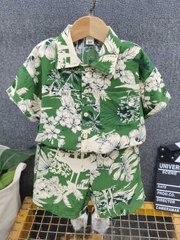 Hopscotch - Boys Green Floral Print Shirt and Shorts Set