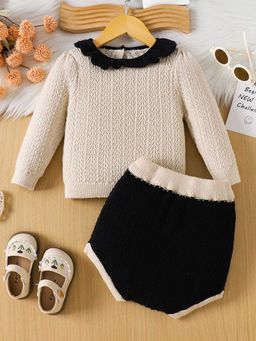 Hopscotch - Girls Beige and Black Textured Sweater Shorts Set