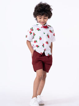 Hopscotch - Floral Print Half Sleeves Red Shirt with Bow and Shorts Set