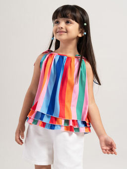 Hopscotch - Girls Multi Coloured Stripe Print Blouse and Shorts Set