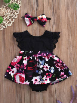 Hopscotch - Girls Black Floral Print Onesie with Headband