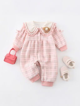 Hopscotch - Girls Pink Checkered Peter Pan Collar Bodysuit with Applique Detail