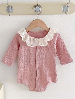 Hopscotch - Girls Pink & White Textured Full-Sleeve Onesie with Schiffli Embellished