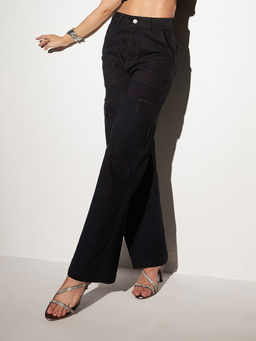 Miss Chase - Women Black Wide-Leg High-Rise Regular Stretchable Denim Cargo Jeans