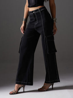 Miss Chase - Women Black Wide-Leg High-Rise Stretchable Patch-Pocketed Denim Jeans