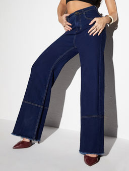 Miss Chase - Women Navy Blue Wide Leg High Rise Regular Stretchable Denim Jeans