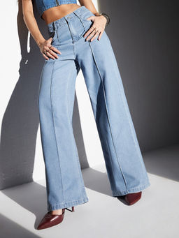 Miss Chase - Women Light Blue Straight-Fit High-Rise Non-Stretchable Denim Jeans