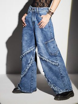 Miss Chase - Women Navy Blue Wide-Leg High-Rise Regular-Length Denim Jeans