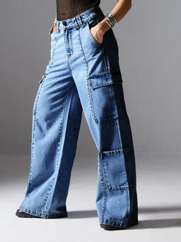Miss Chase - Women Light Blue Wide-Leg High Rise Regular Denim Pant