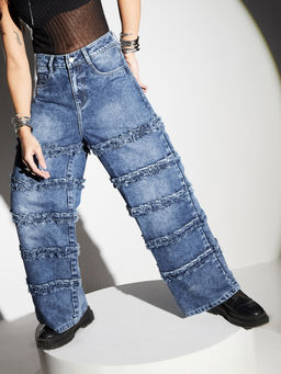 Miss Chase - Women Navy Blue Wide-Leg High-Rise Regular-Length Denim Jeans