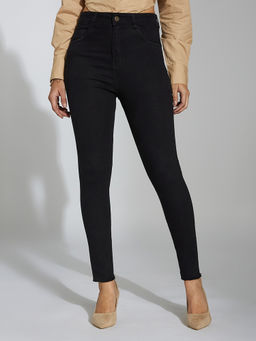 Miss Chase - Women Black Skinny Fringed High Rise Cropped Stretchable Denim Jeans