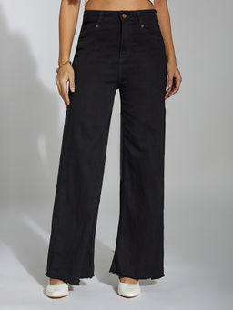 Miss Chase - Women Black High Rise Regular-Length Stretchable Wide Leg Denim Jeans
