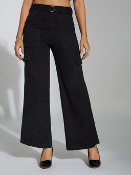 Miss Chase - Women Black Wide Leg High Rise Regular Stretchable Denim Jeans