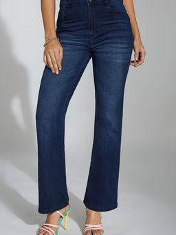 Miss Chase - Women Navy Blue Wide Leg Mid Rise Regular Stretchable Denim Jeans