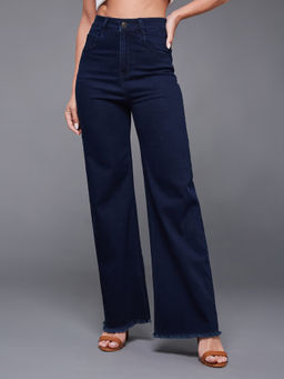 Miss Chase - Women Navy Blue Wide-Leg High-Rise Stretchable Denim Jeans