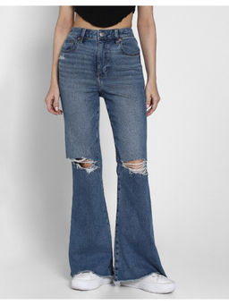 American Eagle - Women Blue Next Level Super High-Waisted Ripped Flare Jeans