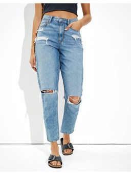 American Eagle - Women Blue Ripped Mom Jeans