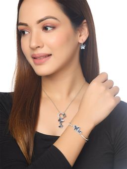 Yellow Chimes - Silver-Tone Crystal Studded Butterfly Pendant with Earrings and Bracelet