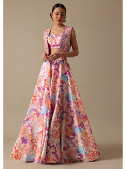 KALKI FASHION - Pink Printed Lehenga with Mirror Embroidered Jacket (Set of 3)