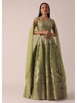 KALKI FASHION - Green Brocade Handloom Lehenga and Choli with Dupatta (Set of 3)