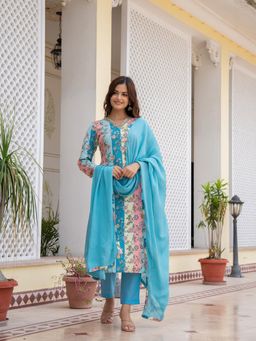 Vaamsi - Women Blue Cotton Blend Floral Printed Straight Suit (Set of 3)