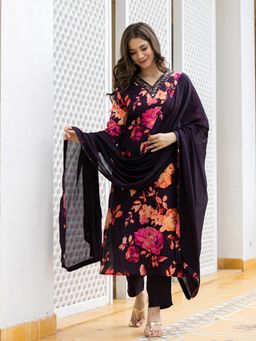 Vaamsi - Women Purple Cotton Blend Floral Printed Straight Suit (Set of 3)
