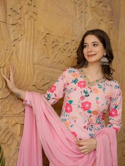 Vaamsi - Women Pink Cotton Floral Straight Kurta with Pant and Dupatta (Set of 3)