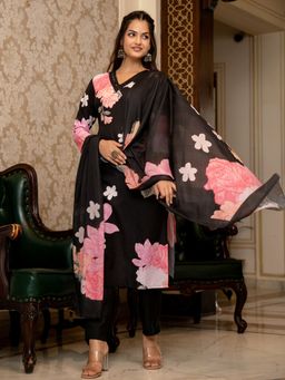 Vaamsi - Black Cotton Blend Floral Printed Straight Kurta with Pant and Dupatta (Set of 3)