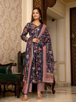 Vaamsi - Women Navy Blue Rayon Blend Floral Printed A-Line Kurta, Pant & Dupatta (Set of 3)