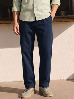 Bewakoof - Men Navy Blue Straight Fit Cotton Linen Pants