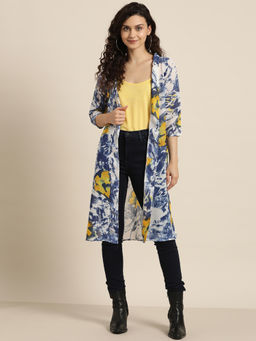 Qurvii - Navy Blue-Yellow Floral Print Shrug