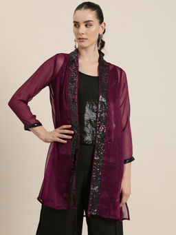 Qurvii - Wine Shimmery Georgette Sequins Embellished Party Shrug