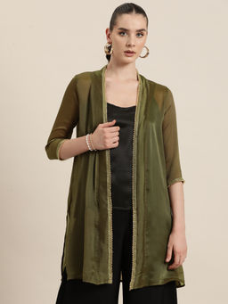 Qurvii - Olive Georgette with Gold Shimmer Party Shrug