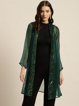 Qurvii - Teal Shimmery Georgette Party Shrug with Sequins Embellishment