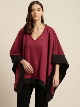 Qurvii - Maroon Fleece V-Neck Ponchos with A Contrast Border