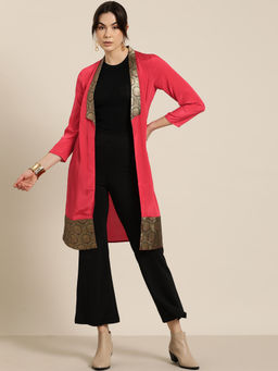Qurvii - Red Crepe Silk Brocade Collar Shrug
