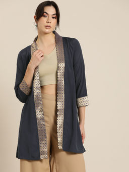 Qurvii - Navy Blue Brocade French Crepe Festive Shrug