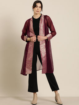 Qurvii - Burgundy Shimmery Georgette with Brocade Border Shrug