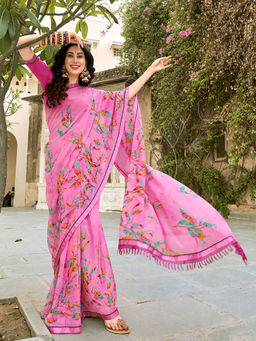 Odette - Pink Georgette Floral Printed Saree with Unstitched Blouse