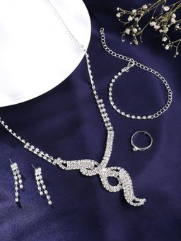 Yellow Chimes - Silver Toned Crystal Necklace Set with Earring Ring and Bracelet