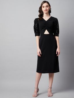Marie Claire - Women Black Casual Cut-Out Puff Sleeve Sheath Midi Dress