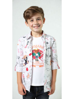 CAVIO - Boys White Regular Fit Printed Full Sleeves Casual Shirt with T-Shirt
