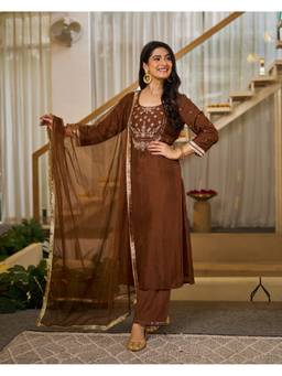 TWINS LADY - Women Brown Embroidered Kurta with Pant and Dupatta