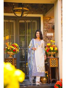 TWINS LADY - White Printed Kurta with Pant and Dupatta