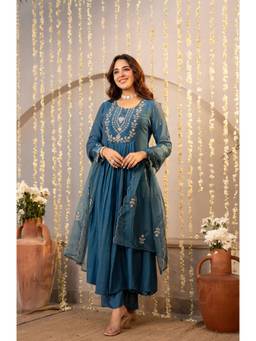 TWINS LADY - Teal Women Floral Anarkali Kurta with Pant and Dupatta